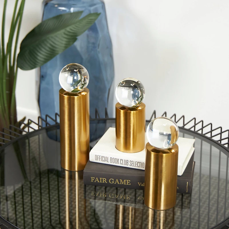 Brushed Gold Metal Geometric Cylinder Posts with Glass Orb Sculpture Set