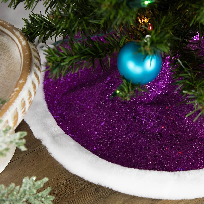 20" Purple Glittered Mini Christmas Tree Skirt with Faux Fur Trim