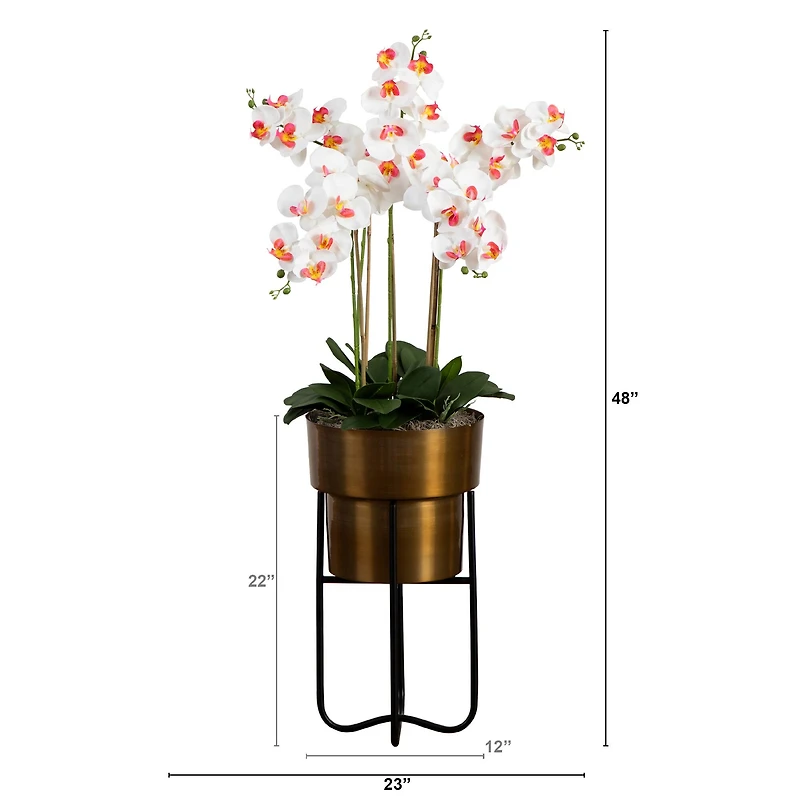 4ft. White Orchid Arrangement in Brass Metal Planter with Stand