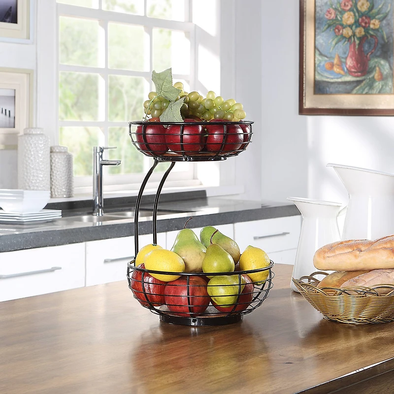 SunnyPoint Classic 2-Tier Wire Basket Bowl Stand with Wooden Base