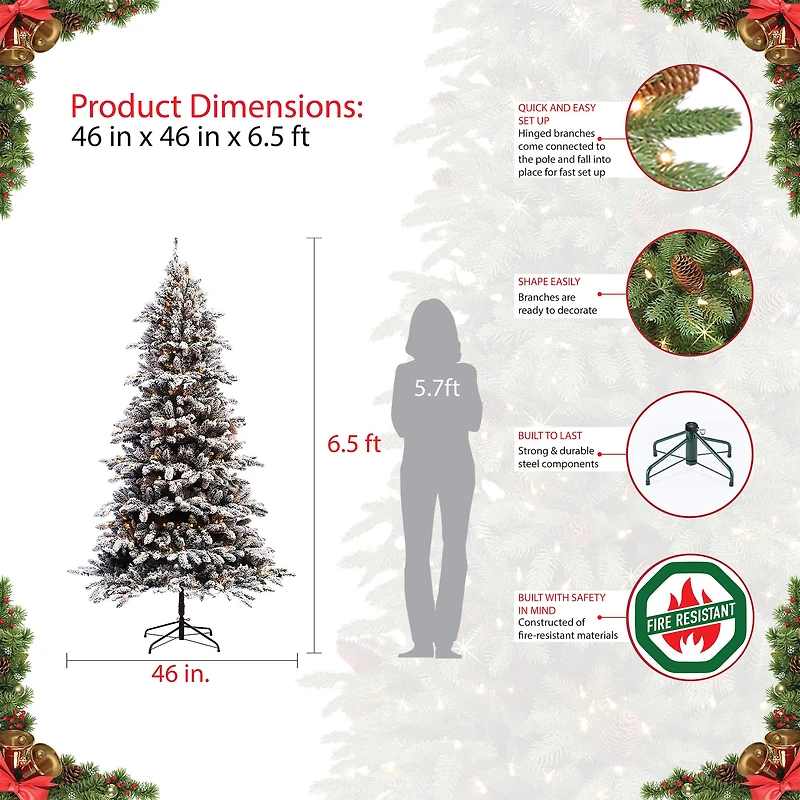 6.5ft. Pre-Lit Flocked ‎Bennington Fir Artificial Christmas Tree, Clear Lights