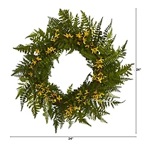 24" Mixed Fern & Forsythia Artificial Wreath