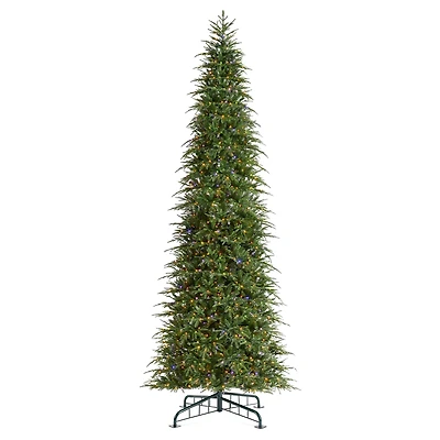 Glitzhome® 15ft Pre-Lit Green Slim Fir Artificial Christmas Tree, Multicolor LED Lights