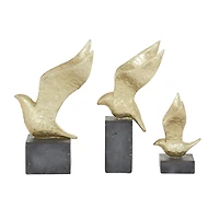 Set of 3 Gold Polystone Birds Sculpture 14", 15", 9"