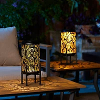 Glitzhome® 14.25" Black Metal Cutout Leaves Pattern Solar Powered LED Outdoor Lantern, 2ct.