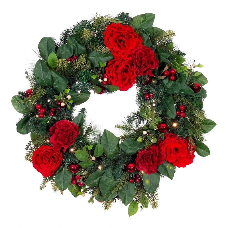 Village Lighting 30" LED Red Peonies & Berry Wreath