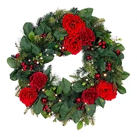 Village Lighting 30" LED Red Peonies & Berry Wreath