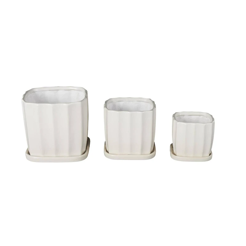 White Square Wide Groove Textured Ceramic Planter Set