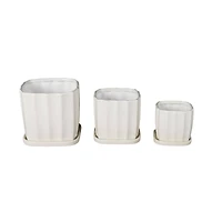 White Square Wide Groove Textured Ceramic Planter Set