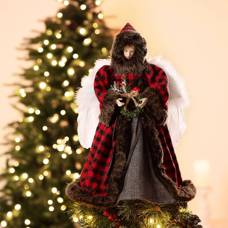 Glitzhome® 16" Red Plaid Faux Fur Angel Tree Topper