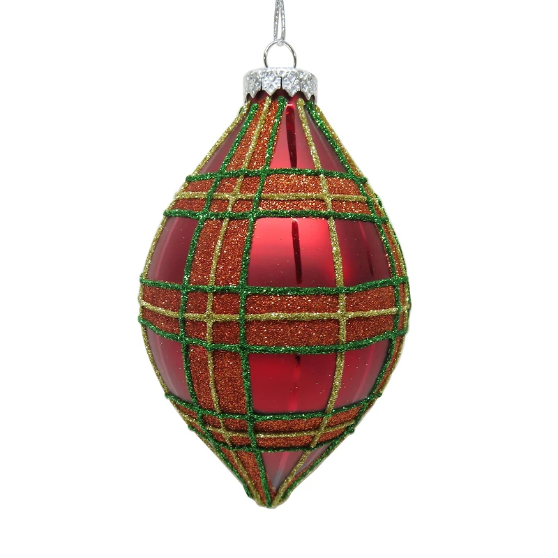 5.5" Red Glitter Plaid Glass Onion Ornament by Ashland®