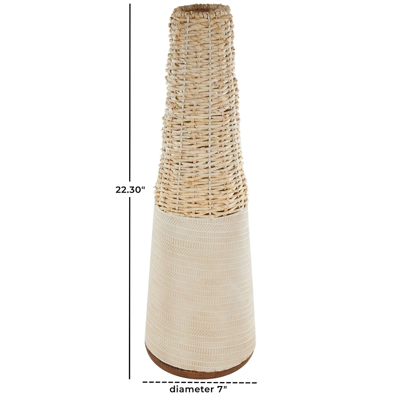 Light Brown Rattan Handmade Woven Vase with Beige Metal Base