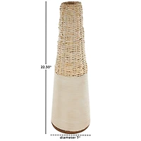Light Brown Rattan Handmade Woven Vase with Beige Metal Base