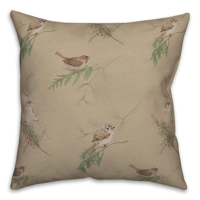 Brown Pine & Birds Throw Pillow