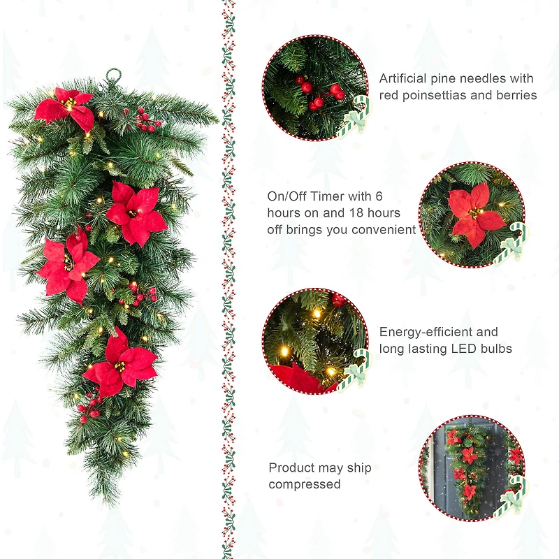 Glitzhome® 3ft. Pre-Lit Pine, Poinsettia & Berries Christmas Teardrop Swag