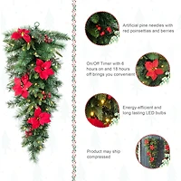 Glitzhome® 3ft. Pre-Lit Pine, Poinsettia & Berries Christmas Teardrop Swag