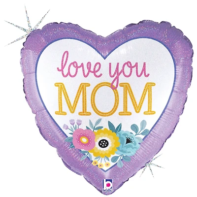 18" Love You Mom Flowers Holographic Foil Balloon