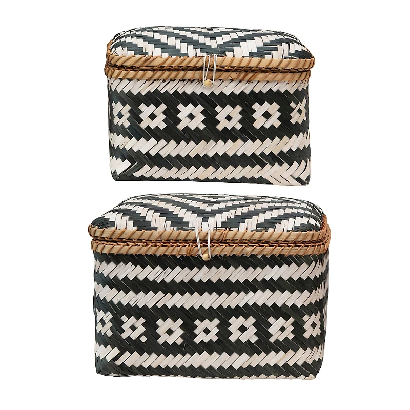 Hello Honey® Black & White Hand-Woven Bamboo Boxes with Lids & Closures Set