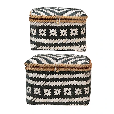 Hello Honey® Black & White Hand-Woven Bamboo Boxes with Lids & Closures Set