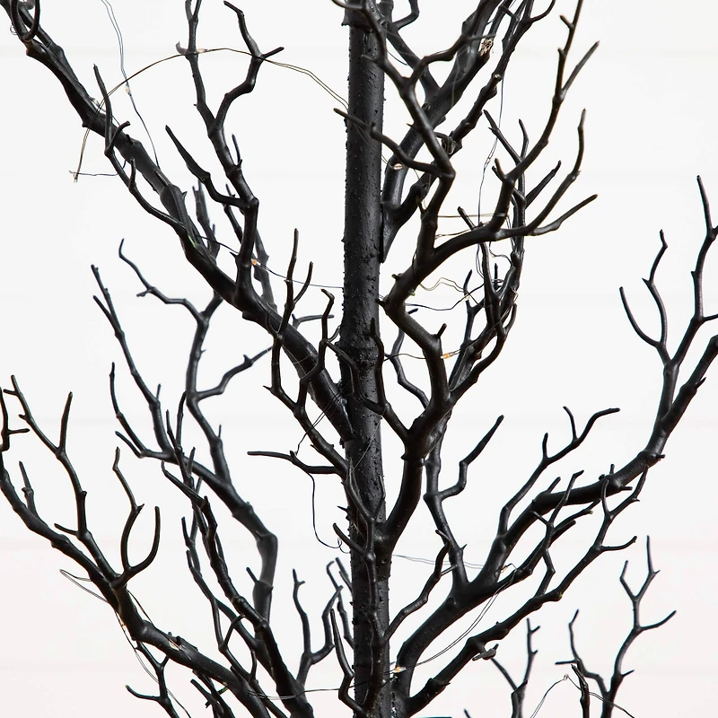 4ft. Pre-Lit Artificial Halloween Black Spooky Twig Tree with 160 Orange & Purple Copper Wire String LED Lights