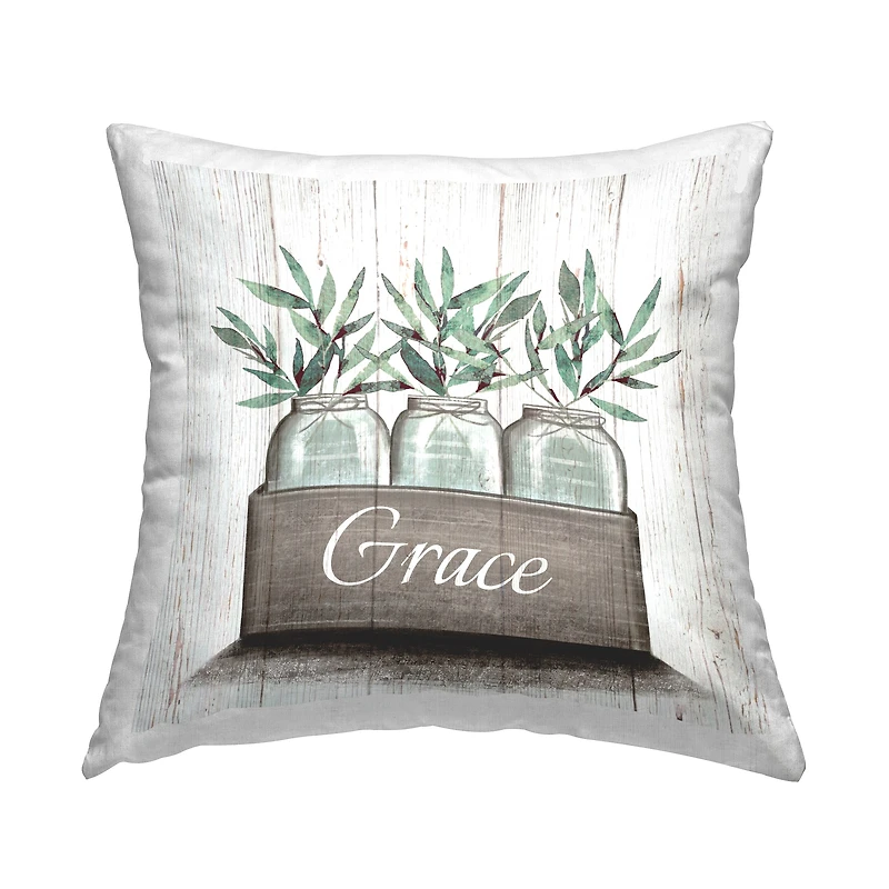 Stupell Industries Green Plant Foliage in Jars with Grace Sentiments Throw Pillow 18" x 18"