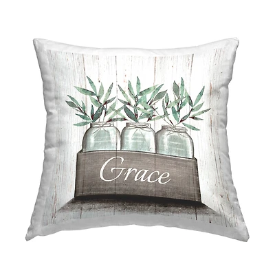 Stupell Industries Green Plant Foliage in Jars with Grace Sentiments Throw Pillow 18" x 18"