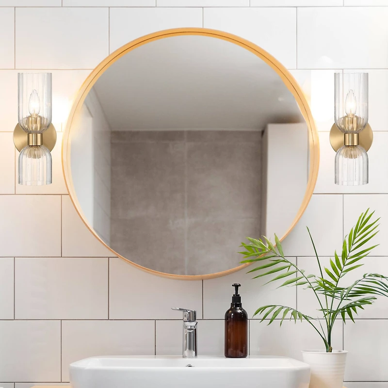 Hello Honey® Josephine Brushed Gold Mid-Century Modern Metal & Clear Ribbed Glass Wall Light