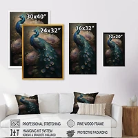 Designart 'Peacock With Flowers' Animals Framed Canvas Wall Art
