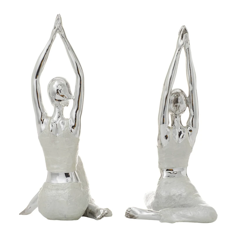 Set of 2 Silver Polystone Glam Yoga Sculpture, 7" x 16"
