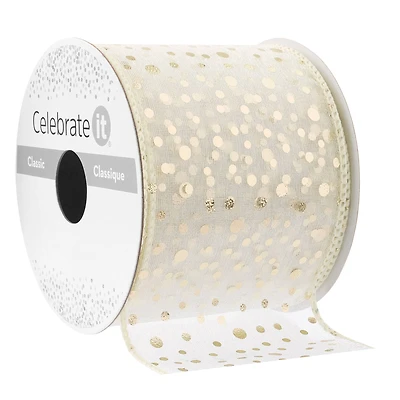 2.5" x 3yd. Sheer Wired Gold Dotted Ribbon by Celebrate It™ Classic