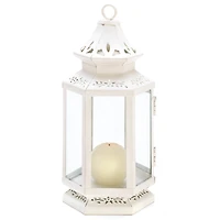 10.5" White Metal Victorian Lantern with Floral Cutouts