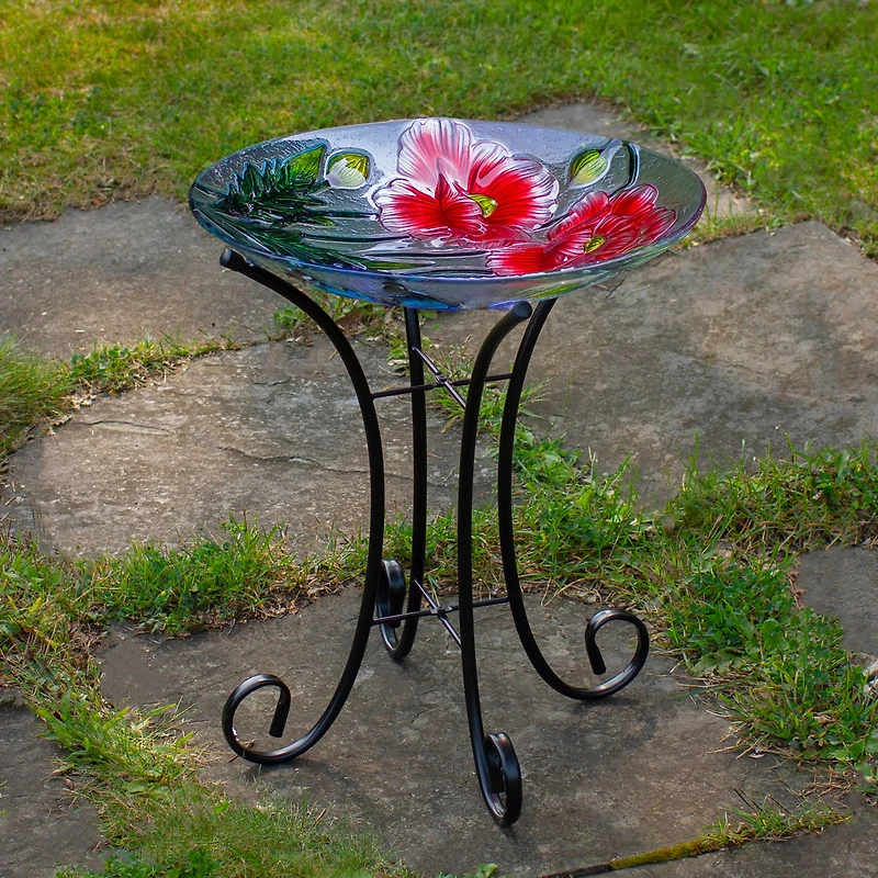 21'' Butterfly and Carnations Hand Painted Glass Birdbath
