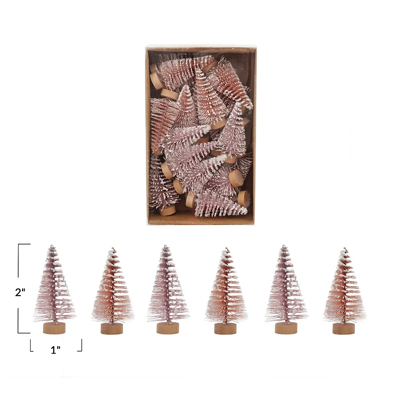 Hello Honey® 2" Pink & Rose Flocked Plastic Bottle Brush Trees with Wood Base & Snow Finish, 24ct.