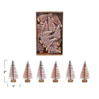 Hello Honey® 2" Pink & Rose Flocked Plastic Bottle Brush Trees with Wood Base & Snow Finish, 24ct.