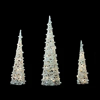 23.5", 31.25", & 39.25" Pre-Lit White & Silver Cone Artificial Christmas Tree Set, Clear LED Lights