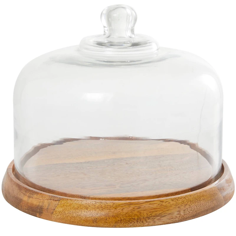 The Novogratz 10" Brown Mango Wood Decorative Cake Stand with Glass Cloche