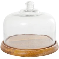 The Novogratz 10" Brown Mango Wood Decorative Cake Stand with Glass Cloche