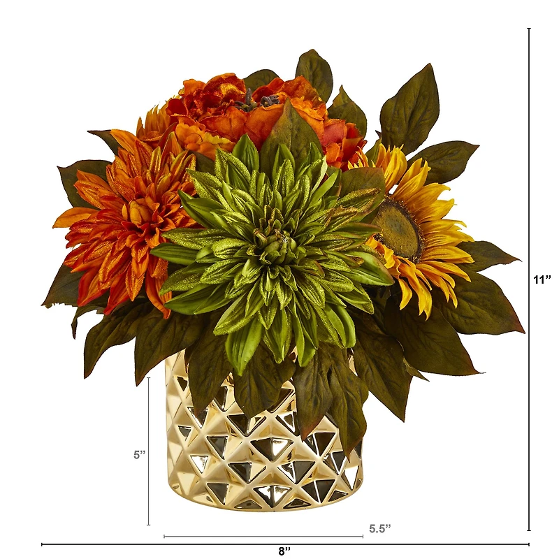 11" Peony, Dahlia & Sunflower Arrangement in Gold Vase