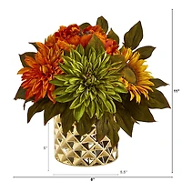 11" Peony, Dahlia & Sunflower Arrangement in Gold Vase