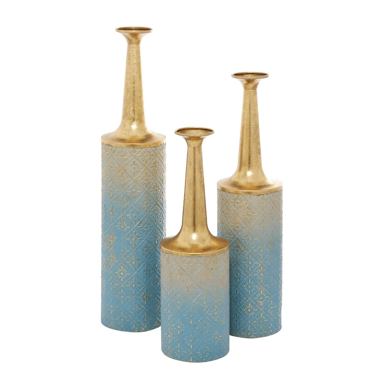 Set of 3 Blue Metal Coastal Style Vase, 27", 24", 20"