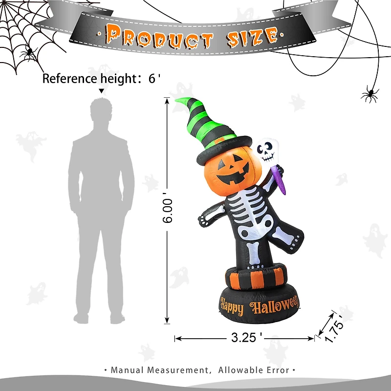 Glitzhome® 6ft. Lighted Halloween Jack-O'-Lantern Skeleton Rotating Inflatable Décor