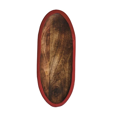 Hello Honey® 19.75" Hand-Carved Mango Wood Oval Tray with Red Enameled Edge