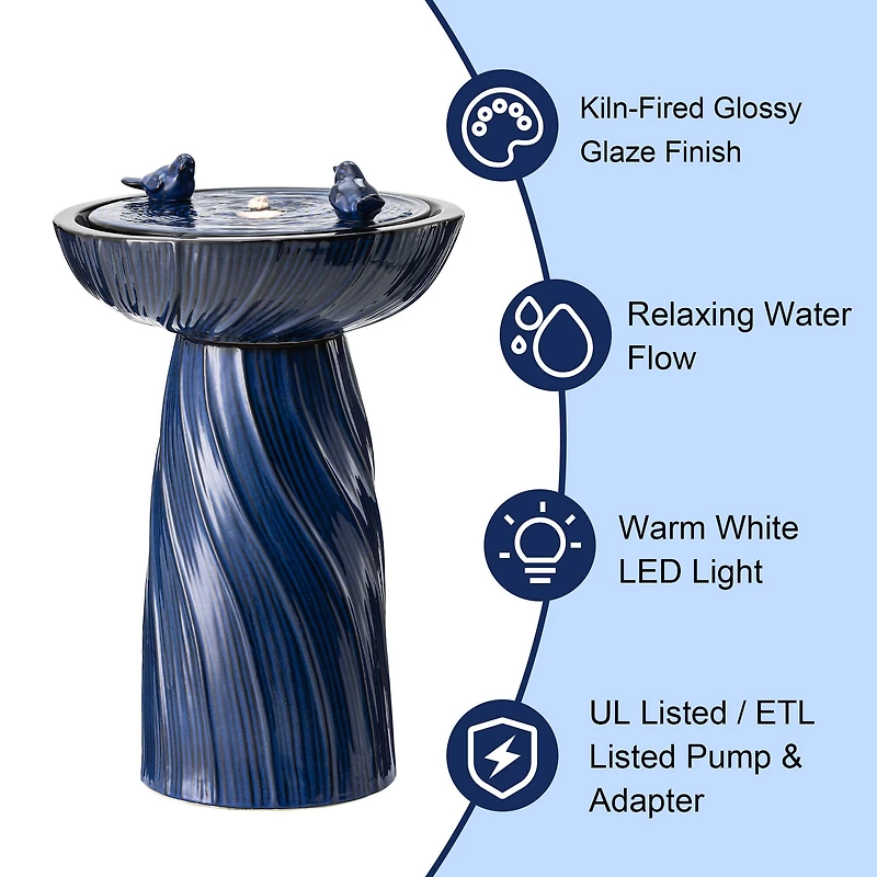 Glitzhome® 24.75" LED Cobalt Blue Twist Ceramic Birdbath Outdoor Floor Fountain