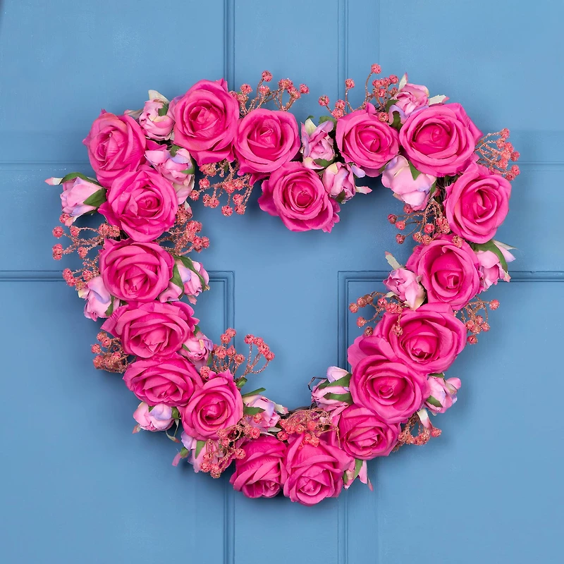 16" Pink Blooming Rose Buds Artificial Heart Shaped Valentine's Day Wreath