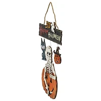 15" Skeleton with Jack-O-Lanterns & Black Cat Happy Halloween Hanging Sign