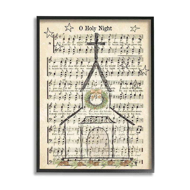 Stupell Industries Festive Winter Church Holy Night Musical Script Framed Wall Art