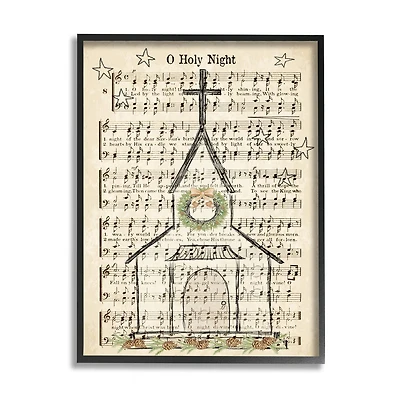Stupell Industries Festive Winter Church Holy Night Musical Script Framed Wall Art