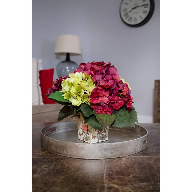 11" Green & Burgundy Hydrangea Arrangement in Floral Vase