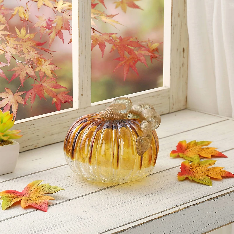 Glitzhome® Crackle Glass Short Pumpkin, Amber