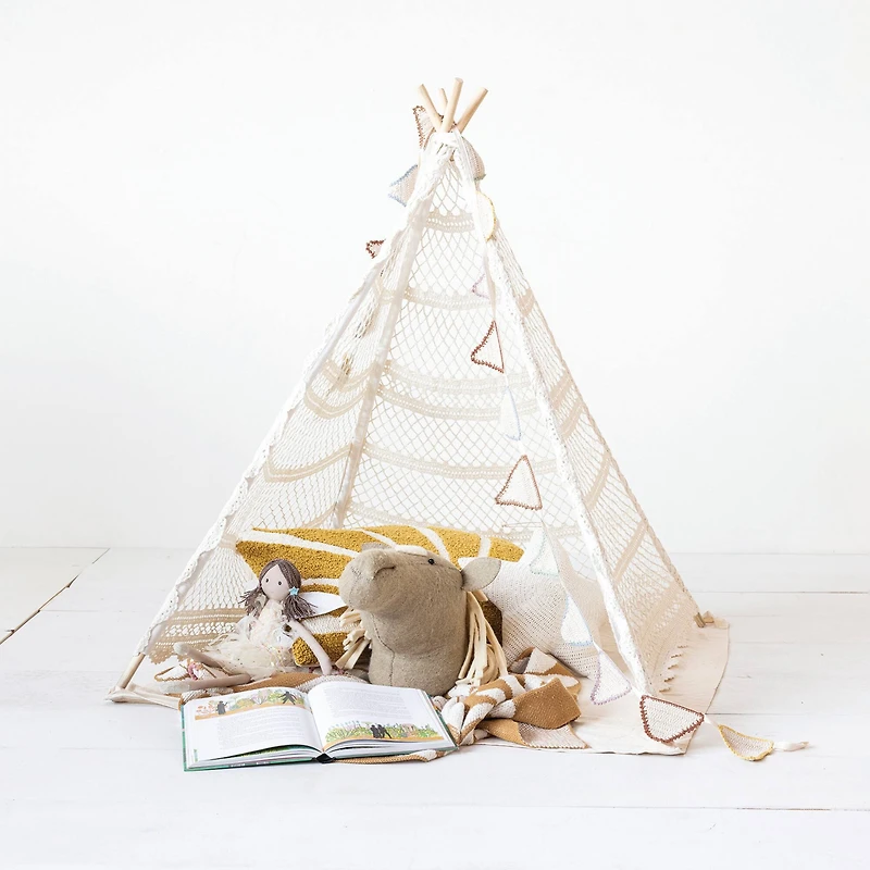 Hello Honey® 43.5" Natural Reclaimed Cotton Crocheted & Teakwood Teepee with Mat